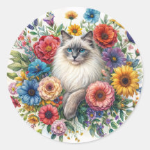 Gato Ragdoll Entre Flores Coloridas Acuarela