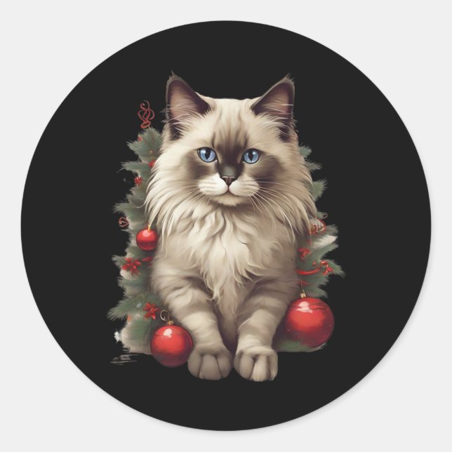 Pegatina Redonda Gato Ragdoll Navidad Adornos  (Anverso)