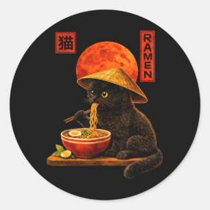 Pegatina Redonda Gato Ramen Gatito Arte Japonés Divertido Gráfico A