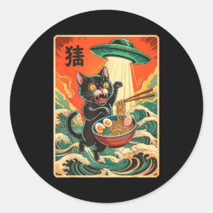 Pegatina Redonda Gato Ramen Ovni Camiseta Divertida Japonesa Anime 