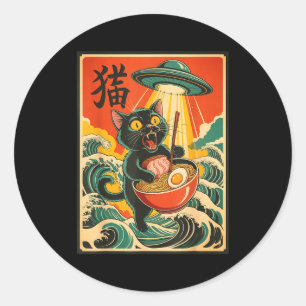 Pegatina Redonda Gato Ramen Ovni Camiseta Divertida Japonesa Anime