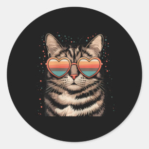Pegatina Redonda Gato Retro Con Gafas Corazón Amor Gato Valenti