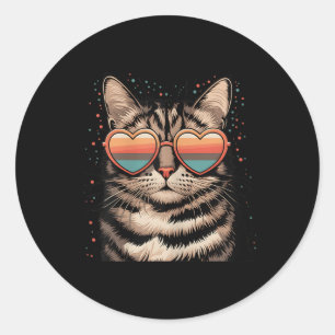 Pegatina Redonda Gato Retro Con Sol Corazón Amor Cute Cat Valenti
