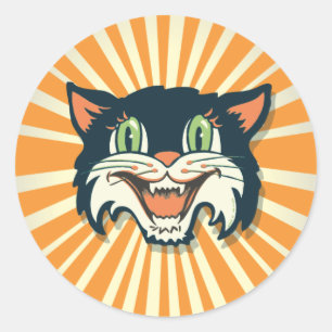 Pegatina Redonda Gato retro de Halloween del vintage
