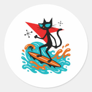 Pegatina Redonda Gato Retro Divertido Surfando Tema Mediocre del Si