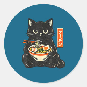 Pegatina Redonda Gato retro japonés kawaii de ramen comiendo fideos