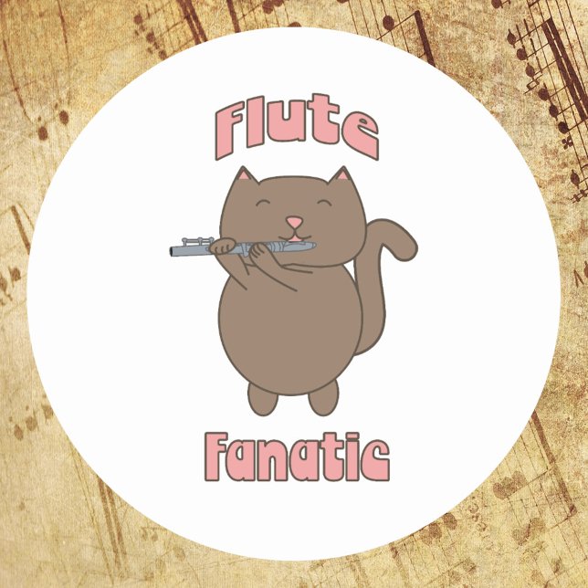 Pegatina Redonda Gato rosa flauto fanático (A sticker of a brown cat playing the flute along with the words flute fanatic)