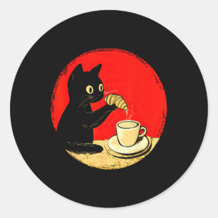 Pegatina Redonda Gato Saltando Croissant En Café Pato Negro