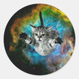 Pegatina Redonda Gato saltando en el espacio