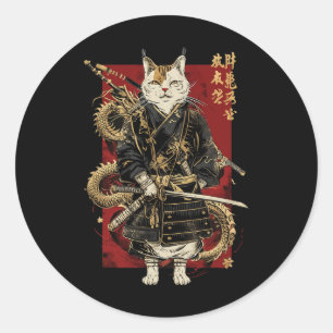 Pegatina Redonda Gato samurai con kanji japonés dragón