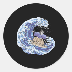 Pegatina Redonda Gato Samurái de Japón Surfing Tabla de Surf Vintag