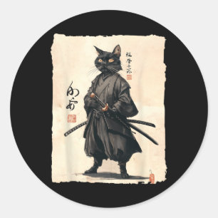 Pegatina Redonda Gato Samurai Gato Japonés Anime Gato Amante Gracio
