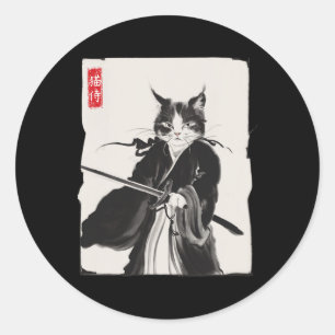 Pegatina Redonda Gato Samurai Guerrero Arte Ink Gracioso Estilo Jap