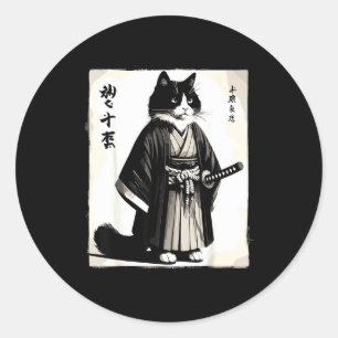 Pegatina Redonda Gato Samurái Guerrero Vintage Anime Japonés