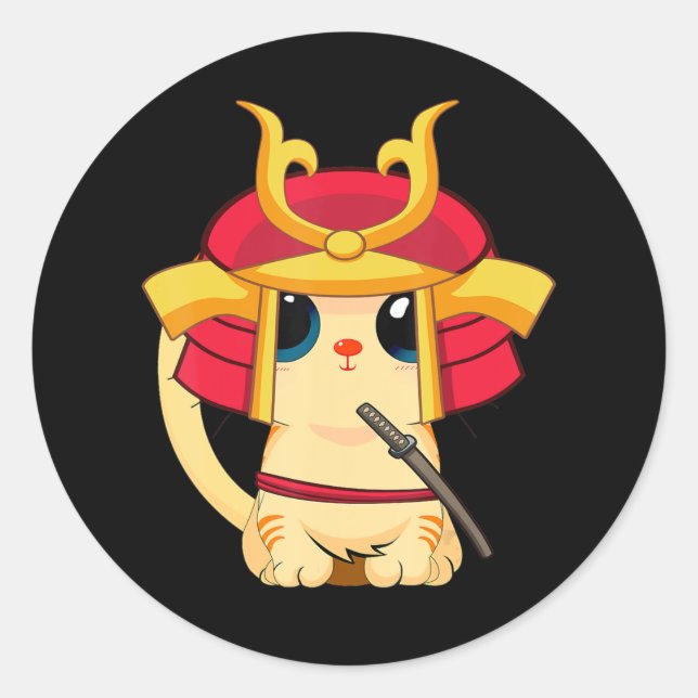 Pegatina Redonda Gato samurai lindo japonés anime cosplay halloween (Anverso)