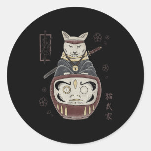 Pegatina Redonda Gato Samurai Ninja Japonés En Daruma Tradicional T
