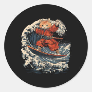 Pegatina Redonda Gato Samurái Surfista Gran Ola Ronin Katana 