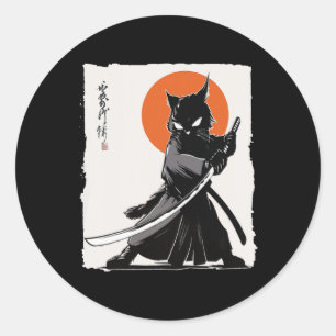 Pegatina Redonda Gato Samurai Vintage Ukiyo-e Funny Warrier Cat Man