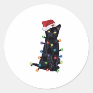 Pegatina Redonda Gato Santa Negro con luces de Navidad