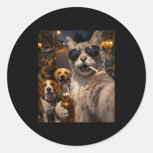 Pegatina Redonda Gato sarcástico genial con meme de selfie de perro