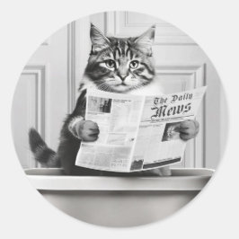 Pegatina Redonda Gato sentado en el inodoro, gato leyendo una notic