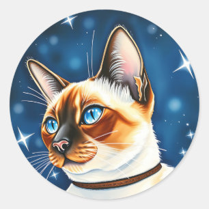 Pegatina Redonda Gato siamés color agua explorando una noche estrel