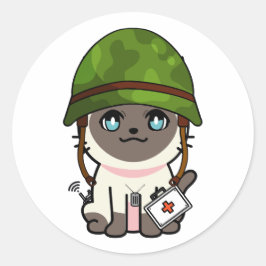 Pegatina Redonda Gato siamés con casco del ejército