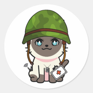 Pegatina Redonda Gato siamés con casco del ejército