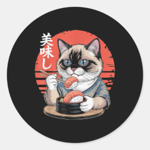 Pegatina Redonda Gato siamés japonés comiendo sushi Kawaii Anime Ca