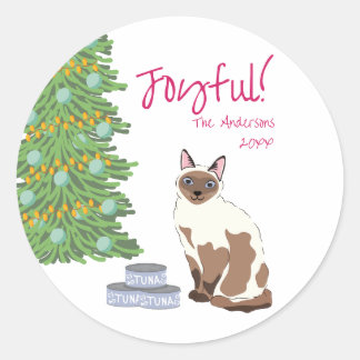 Pegatina Redonda Gato siamés lindo con atún alegre Navidad 