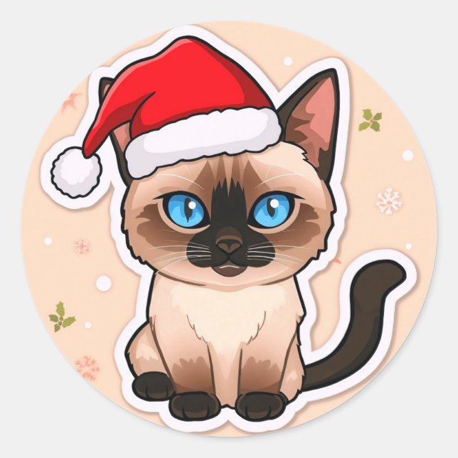 Pegatina Redonda gato siamés navidad (Anverso)