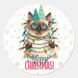 Pegatina Redonda gato siamés navidad