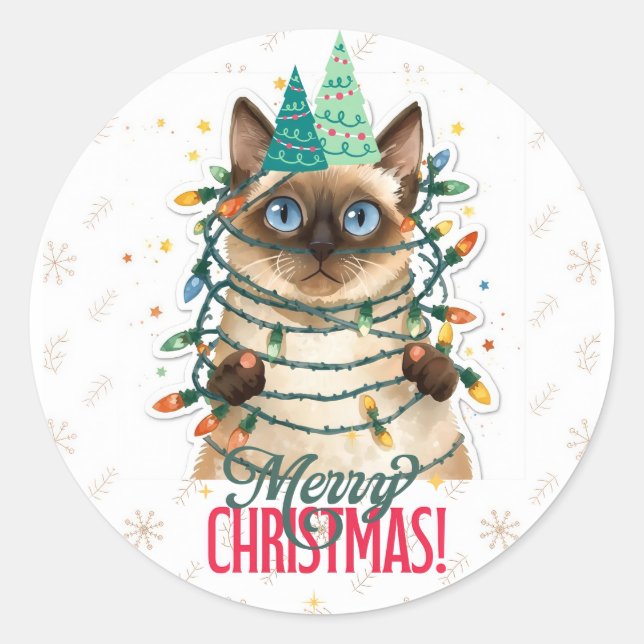 Pegatina Redonda gato siamés navidad (Anverso)