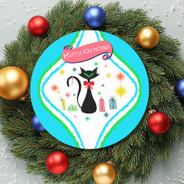 Pegatina Redonda Gato siamés retro Feliz Navidad