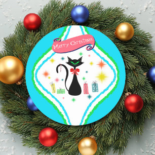 Pegatina Redonda Gato siamés retro Feliz Navidad