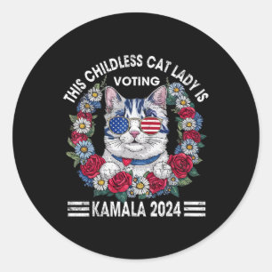 Pegatina Redonda Gato sin hijos votando Kamala Harris 2024