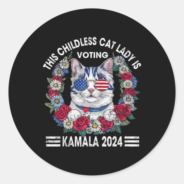 Pegatina Redonda Gato sin hijos votando Kamala Harris 2024 (Anverso)