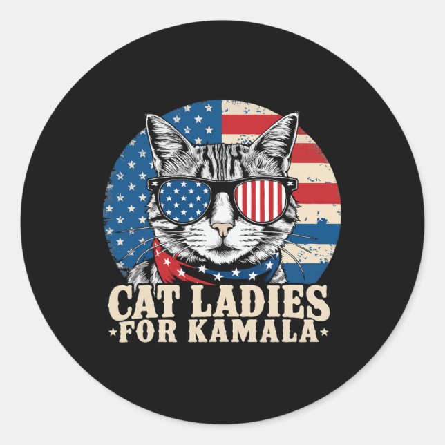 Pegatina Redonda Gato Sin Niños Señora Por La Votación De Kamala Ha (Anverso)