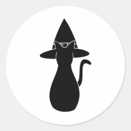 Pegatina Redonda Gato siniestro negro de silueta con gorra mágico