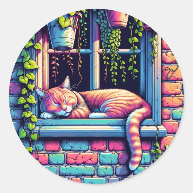 Pegatina Redonda Gato somnoliento en la ventana hasta el arte (Anverso)