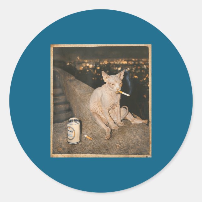 Pegatina Redonda Gato Sphynx Fumando Meme Divertido (Anverso)