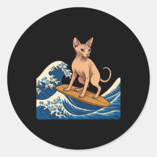 Pegatina Redonda Gato Sphynx surfeando ola japonesa