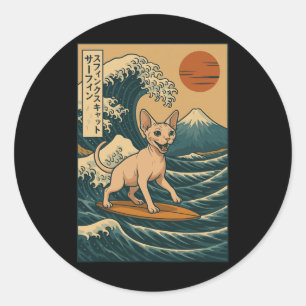 Pegatina Redonda Gato Sphynx Surfing Ola Japonesa Gran Ola Kawaii