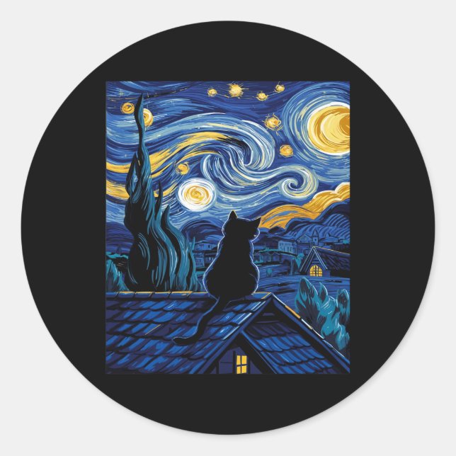Pegatina Redonda Gato Starry Night Van Gogh Cat Art Lover Funny Cat (Anverso)