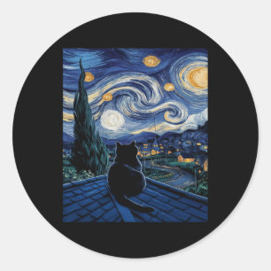 Pegatina Redonda Gato Starry Night Van Gogh Cat Art Lover Funny Cat