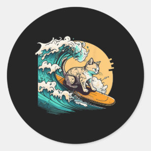 Pegatina Redonda Gato surfista, gato en tabla de surf, gato montand