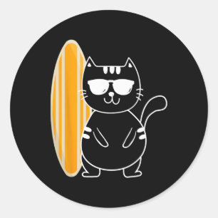 Pegatina Redonda Gato surfista - Tabla de surf de playa olas de océ