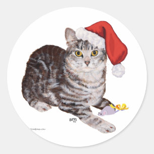 Pegatina Redonda Gato Tabby American Shorthair - Navidad