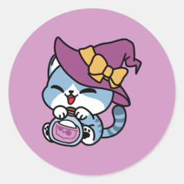 Pegatina Redonda Gato Tabby de Halloween – Sombrero de Bruja y Arte