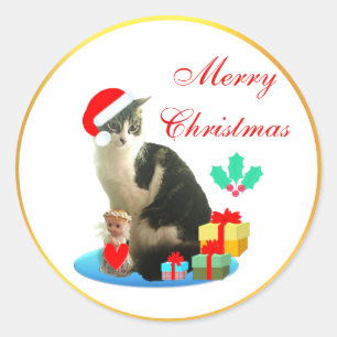 Pegatina Redonda Gato Tabby de Navidad Adorable